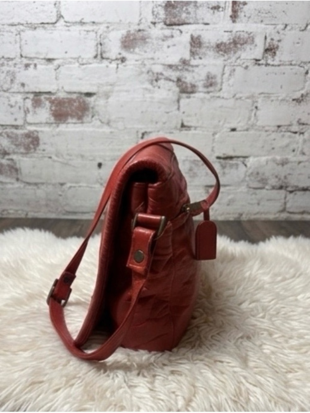 Vintage BARGANZA Red Leather Crossbody Flap Bag Map Lining - Picture 8 of 11